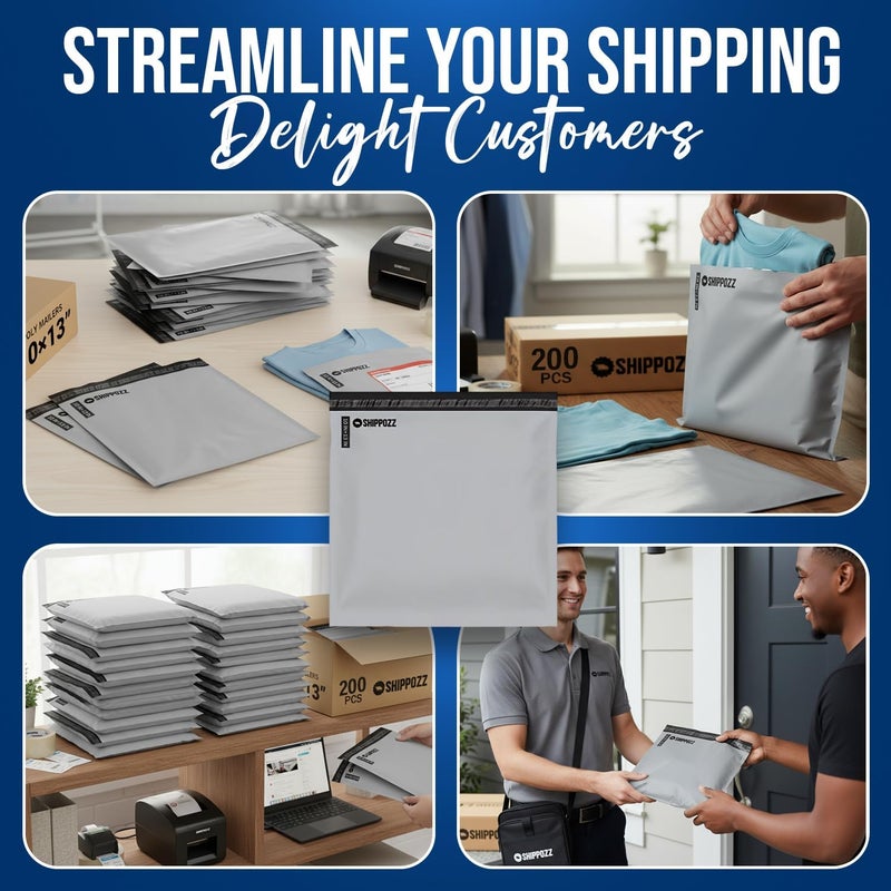 Shippozz 10x13 أكياس بولي 200 عبوة، أكياس بوليمر مقاومة للماء للشحن الملابس، أكياس بريد ذاتية الإغلاق لاحتياجات التعبئة للأعمال الصغيرة، أظرف بريدية للكتب والإكسسوارات - Image 5